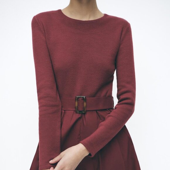 Zara Burgundy Belted Long Sleeve Mini Dress Chic Minimalist Size Large NWT - Picture 1 of 9